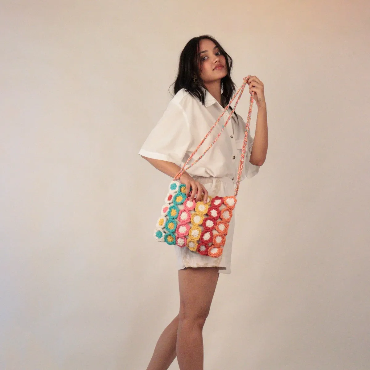 Floral Mini Sling Bag | Hand-Crochet | Cotton Yarn | Multi-Colour