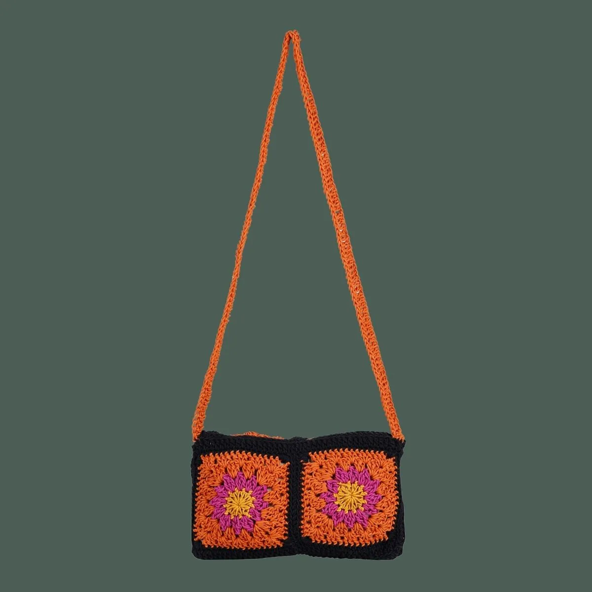 Floral Mini Sling Bag | Hand-Crochet | Cotton Yarn | Rust & Black