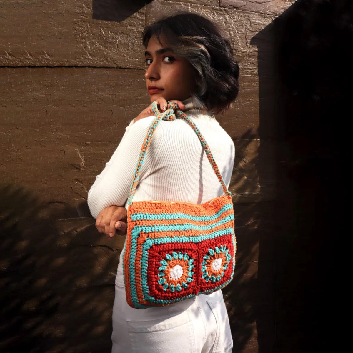 Floral Patchwork Sling Bag | Hand-Crochet | Cotton | Multicolour