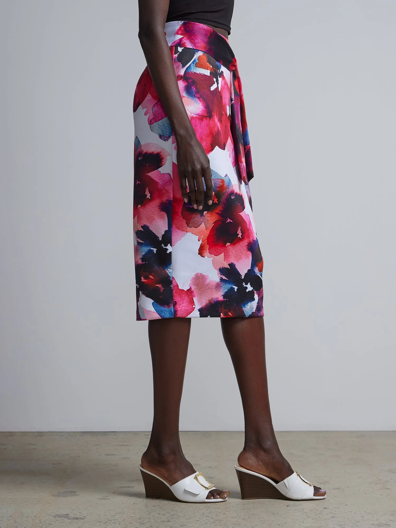 Floral-Print Tie-Front Scuba Pencil Skirt