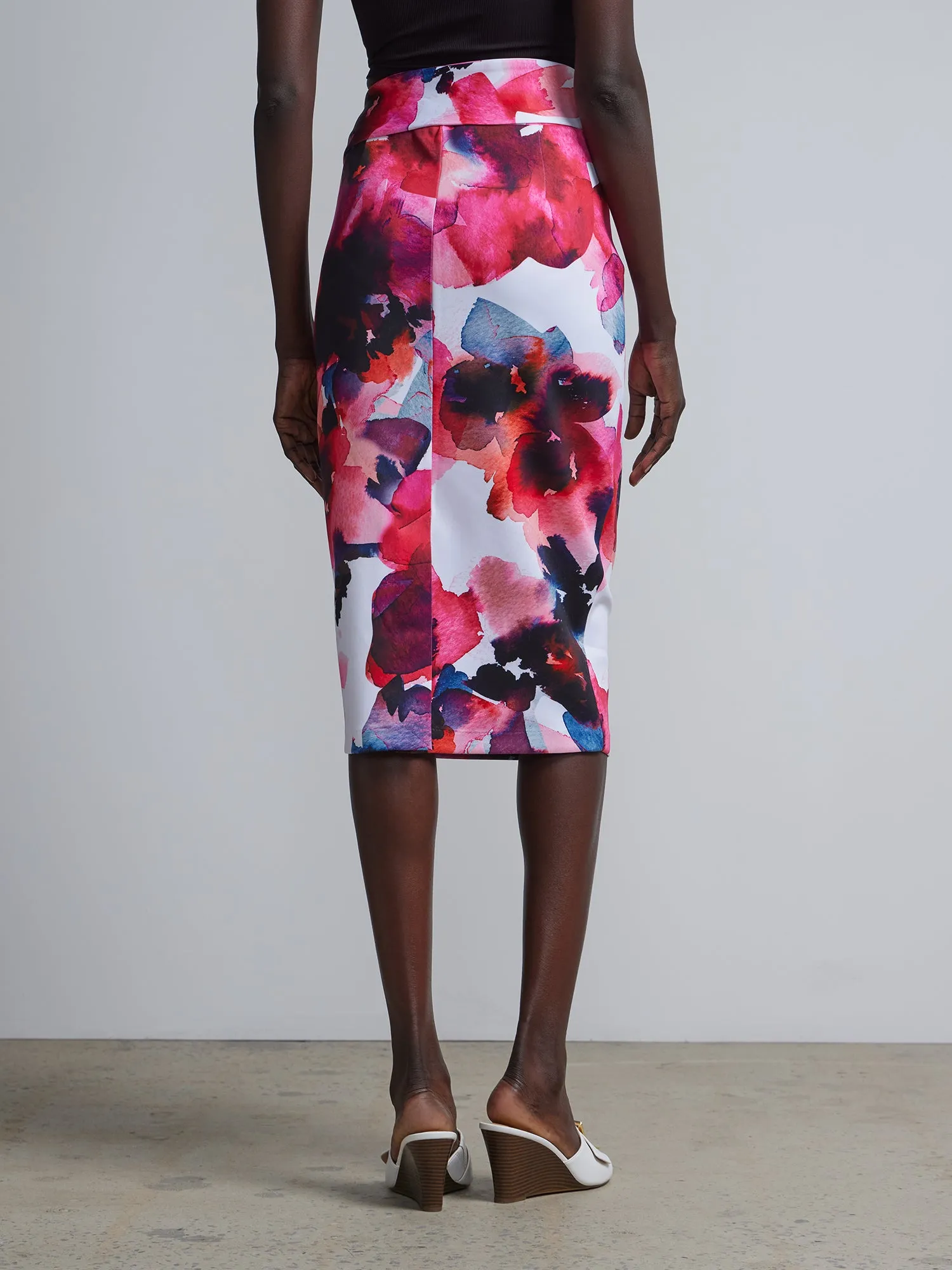 Floral-Print Tie-Front Scuba Pencil Skirt