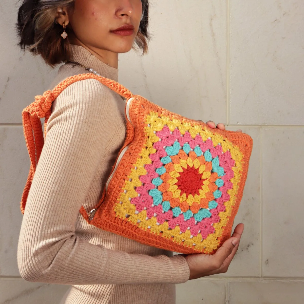 Granny Square Mini Sling Bag | Hand-Crochet | Cotton Yarn | Rust