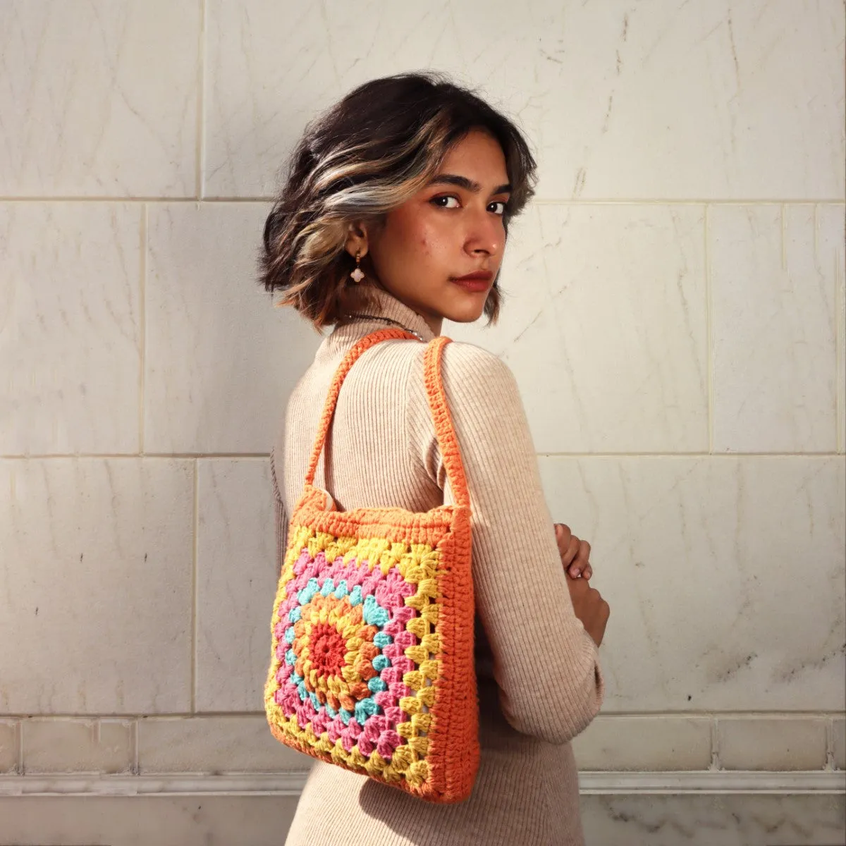 Granny Square Mini Sling Bag | Hand-Crochet | Cotton Yarn | Rust