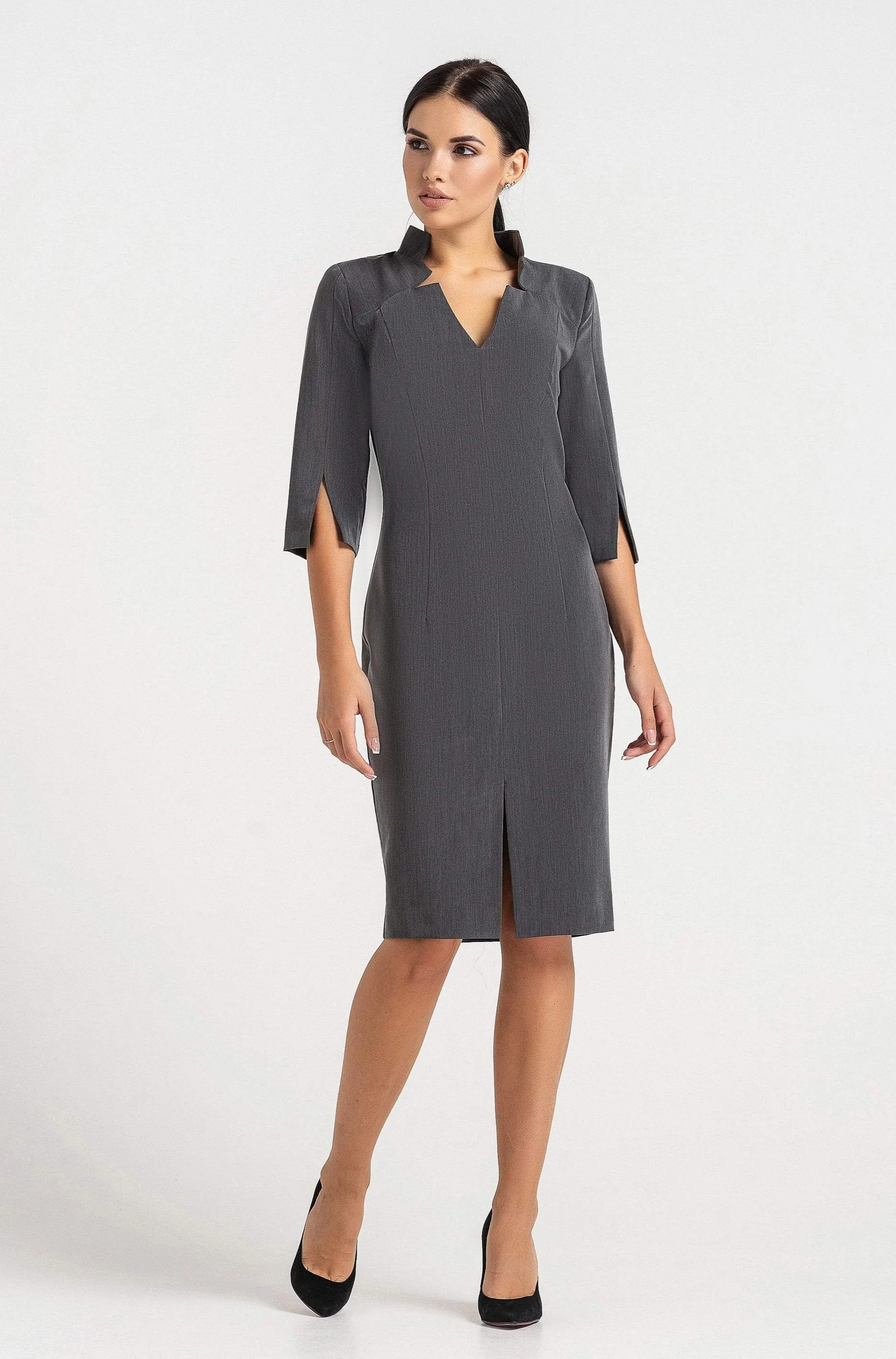 Gray high neck midi pencil dress