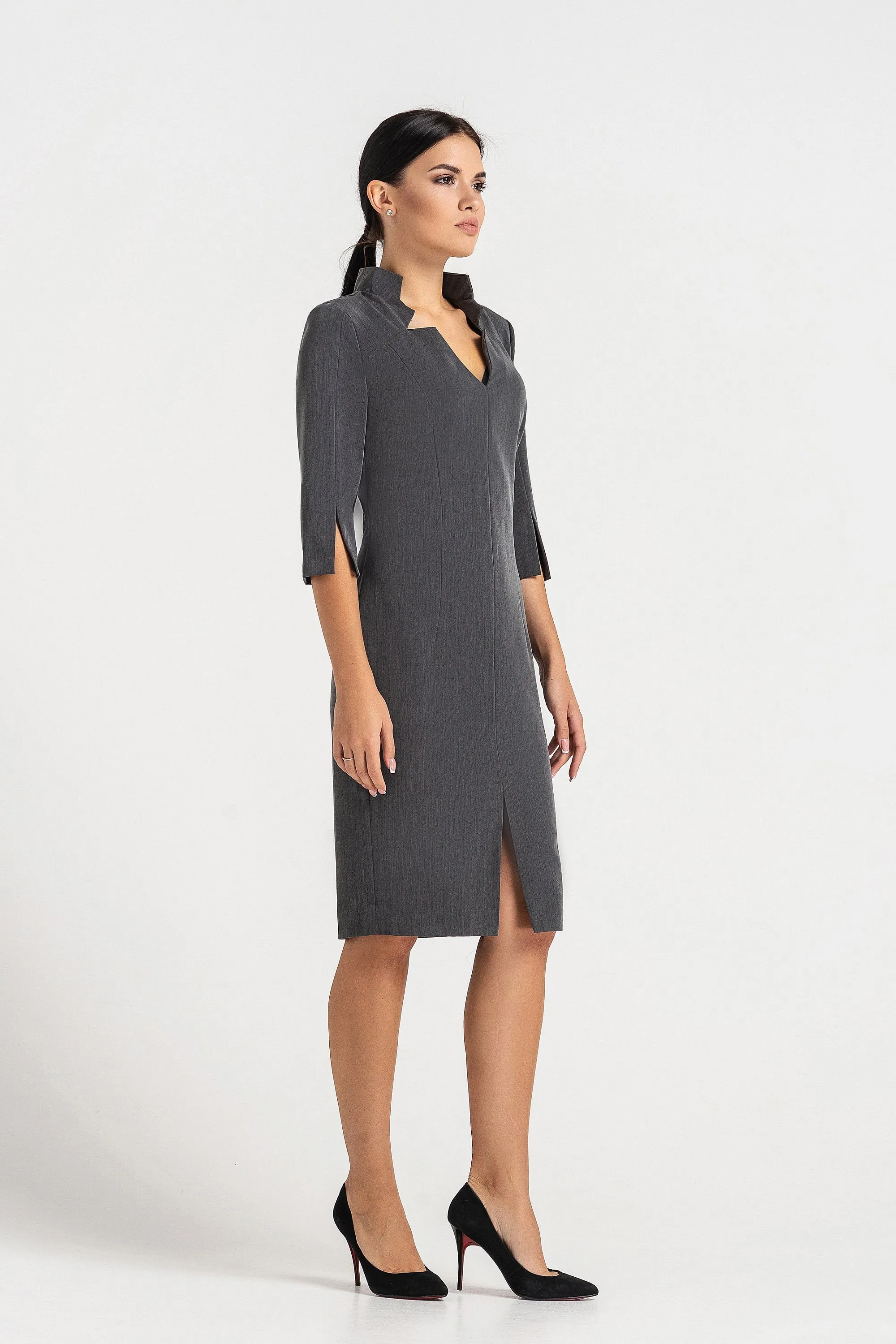 Gray high neck midi pencil dress