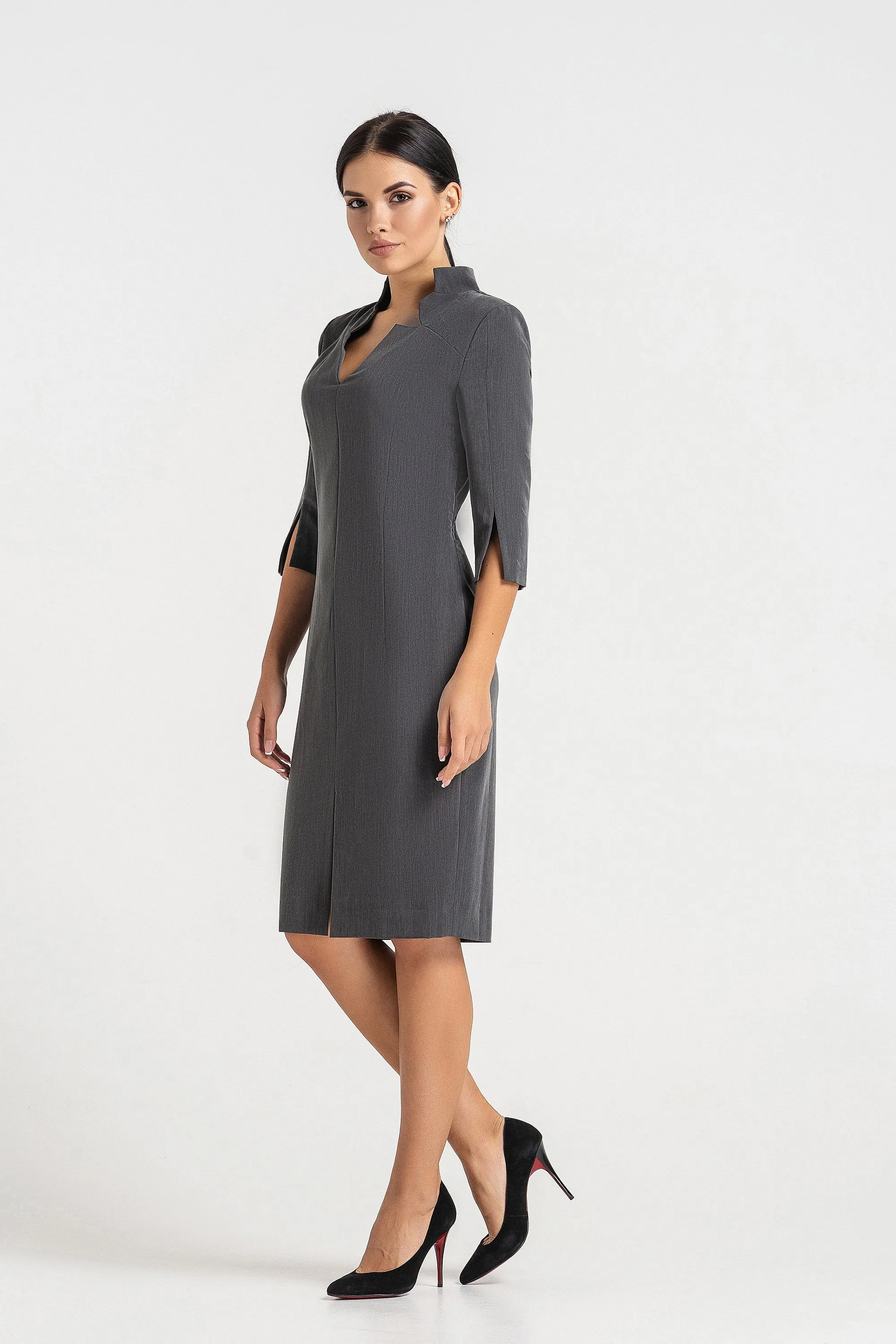 Gray high neck midi pencil dress