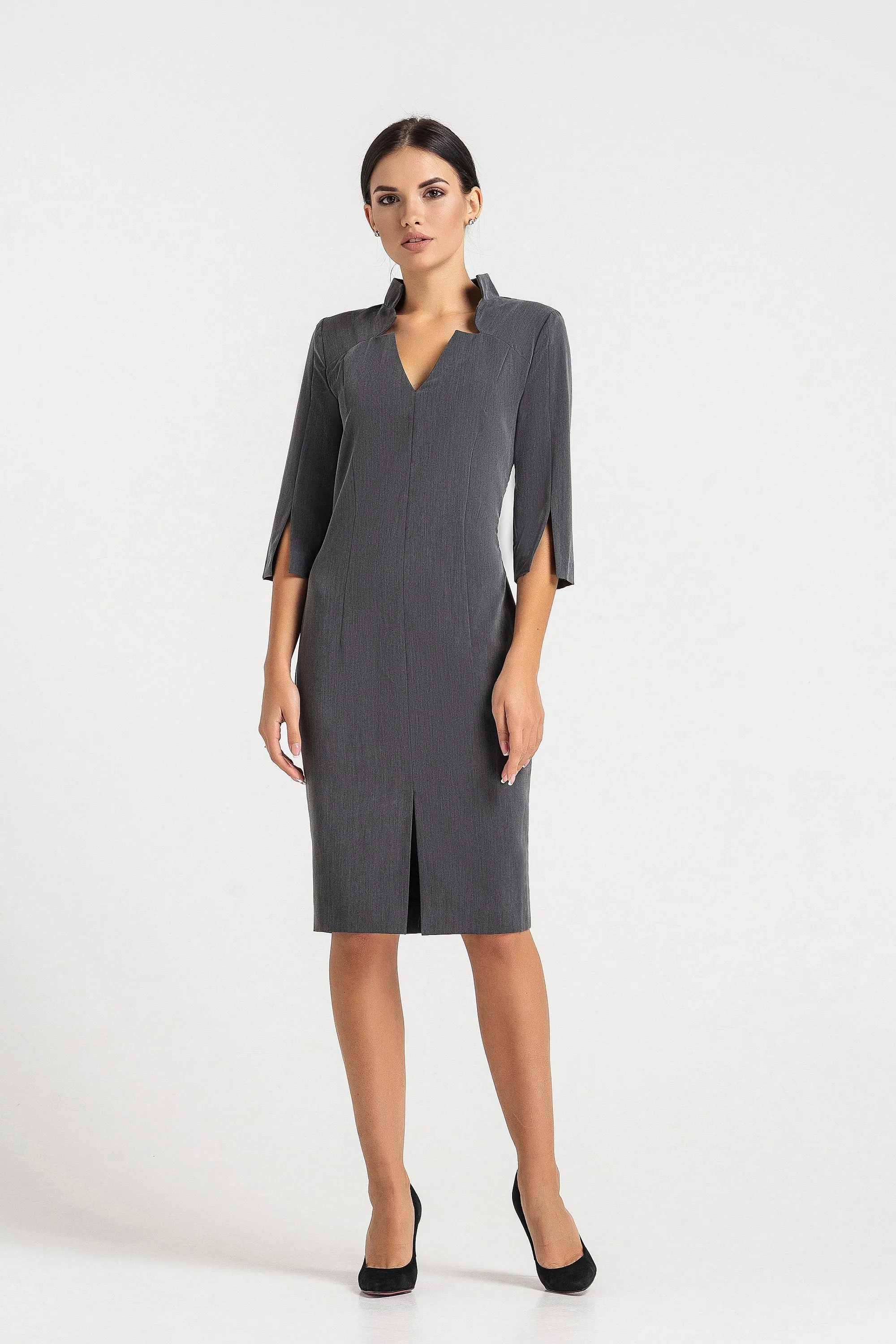 Gray high neck midi pencil dress
