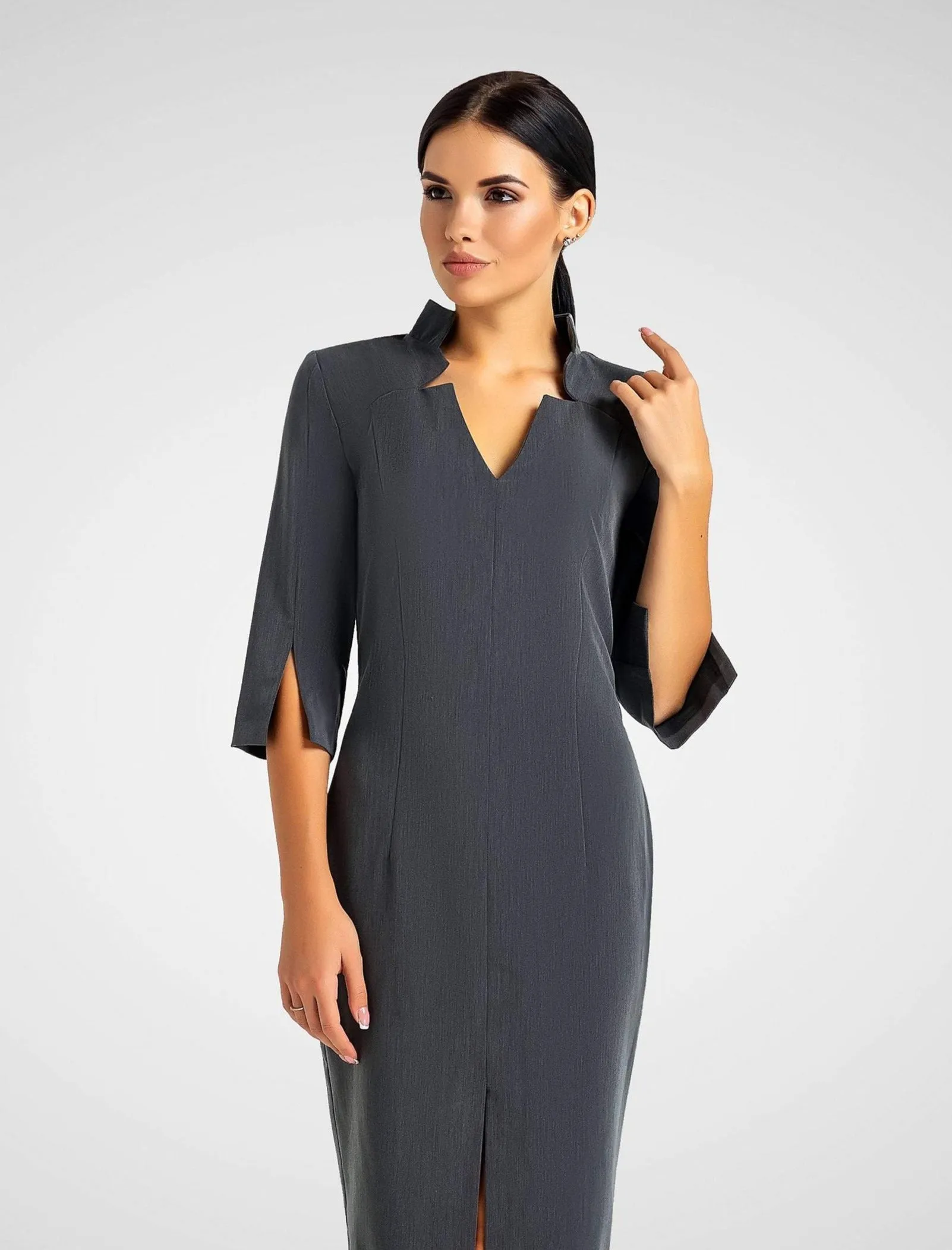 Gray high neck midi pencil dress