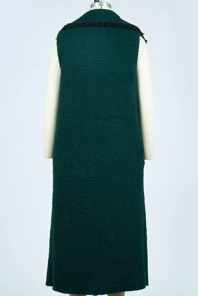 Green Lapel Sleeveless Long Fleece Winter Outfits Coat