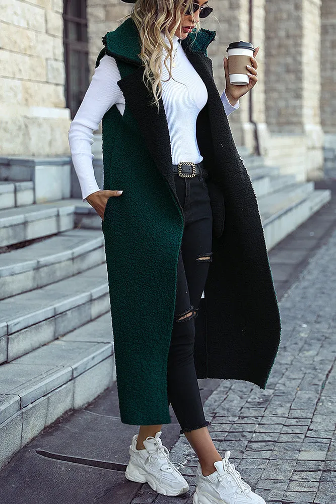 Green Lapel Sleeveless Long Fleece Winter Outfits Coat