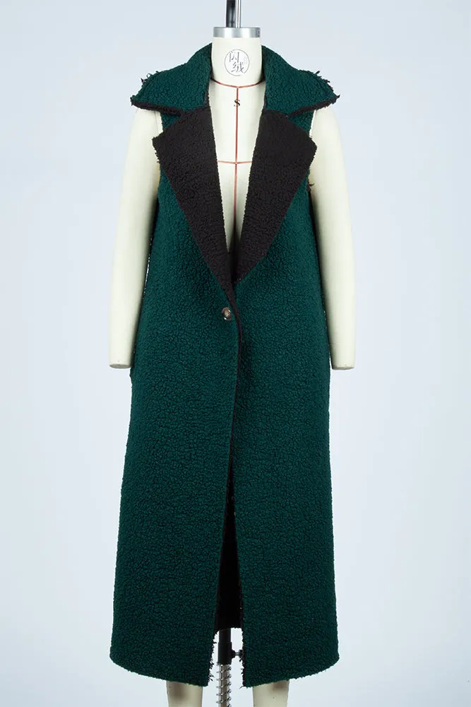 Green Lapel Sleeveless Long Fleece Winter Outfits Coat
