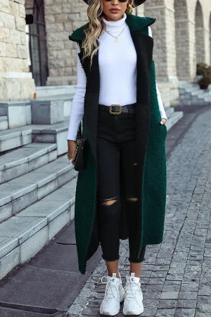Green Lapel Sleeveless Long Fleece Winter Outfits Coat