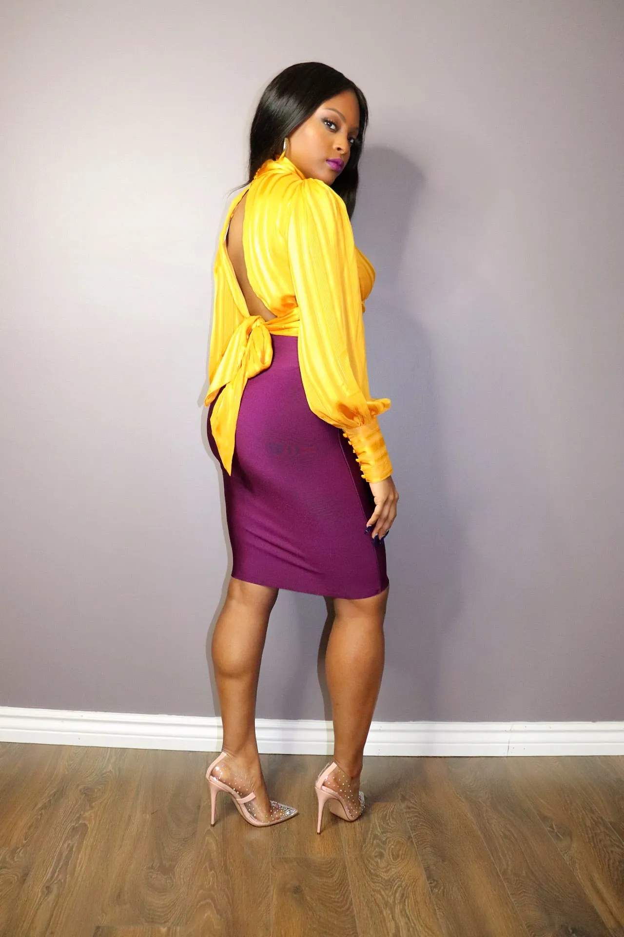 HIGH KNEE Midi Bandage Skirt in Plum