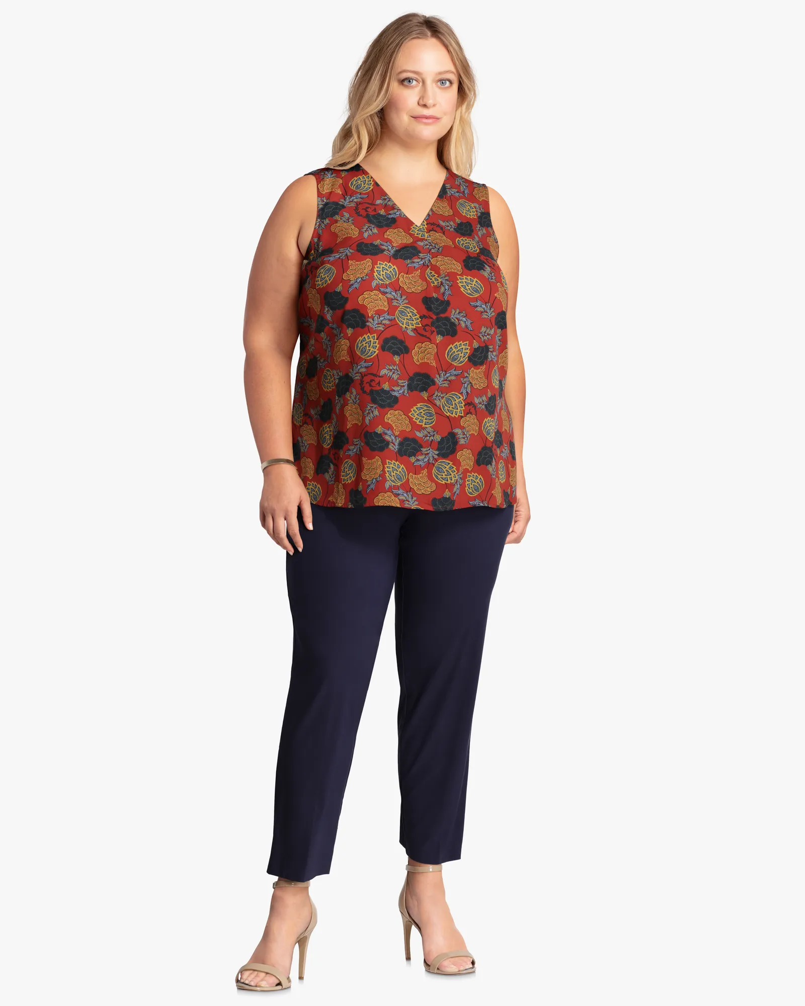 Ivy Front Pleat Sleeveless Top | Red / Navy