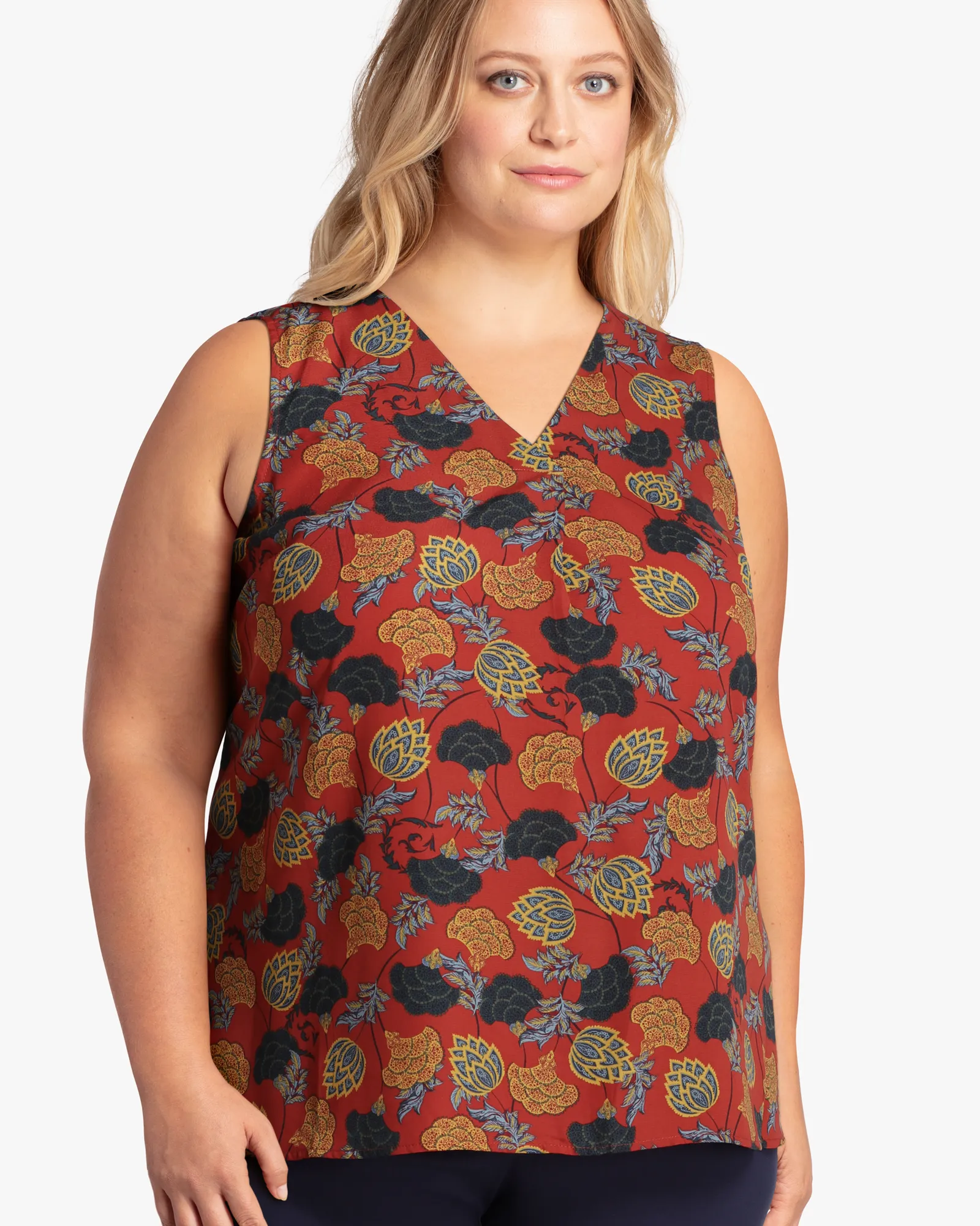 Ivy Front Pleat Sleeveless Top | Red / Navy
