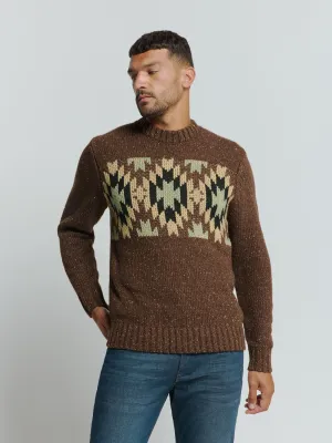 Knit with Ribbed Collar and Jacquard Pattern: Aztec Print and Silk for a Unique Style | Brown