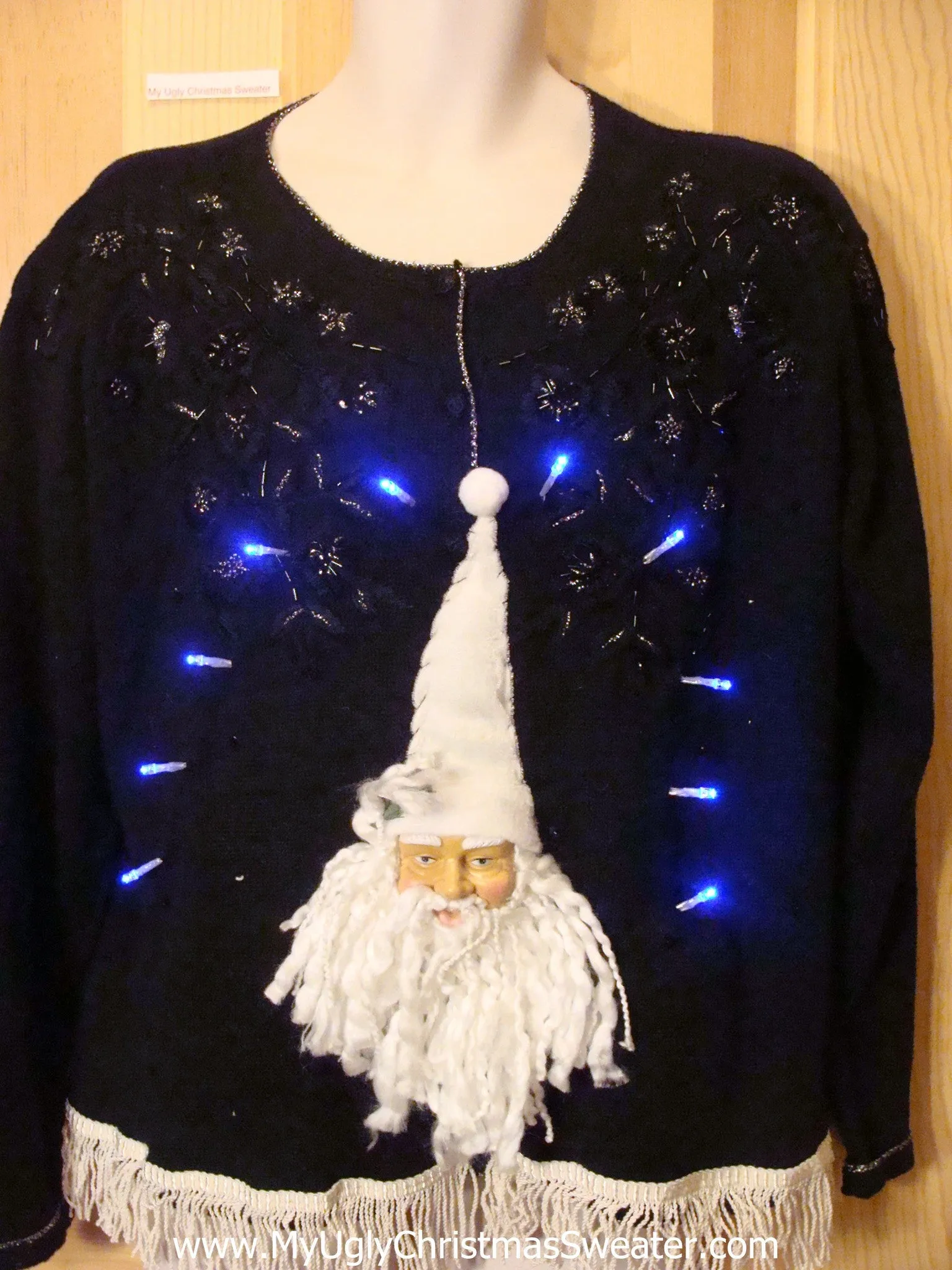 Light Up Christmas Sweater 80s Pullover with 3D Santa Fringe