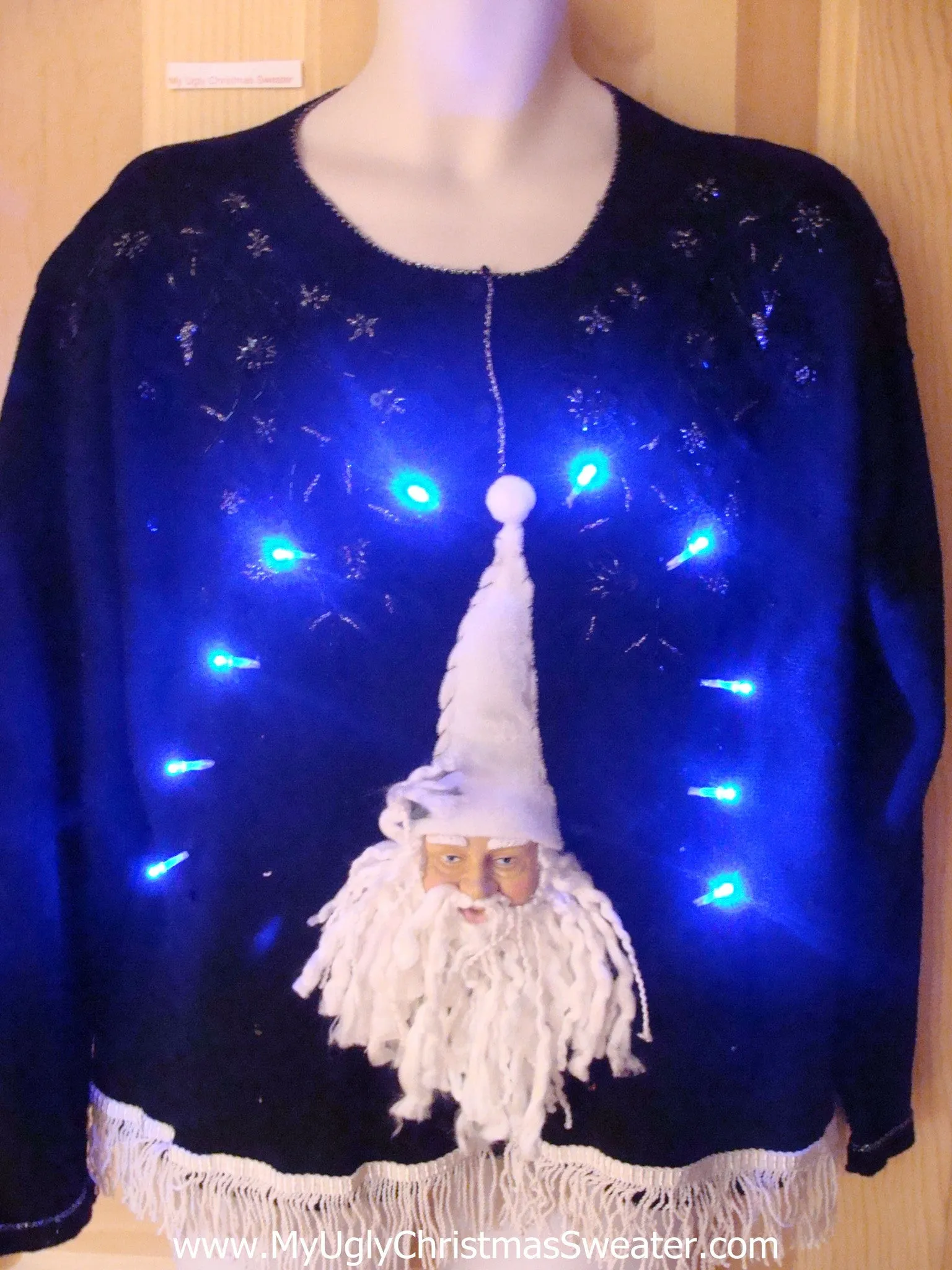 Light Up Christmas Sweater 80s Pullover with 3D Santa Fringe