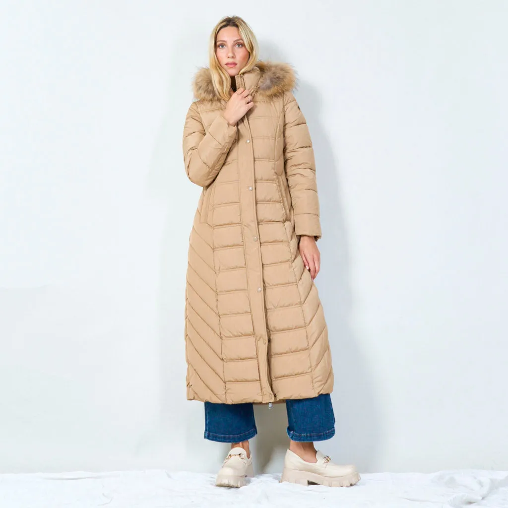 Long hooded puffer coat with fur trim wholesale