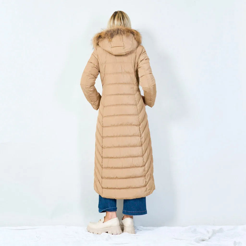 Long hooded puffer coat with fur trim wholesale