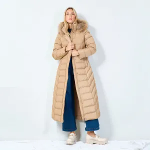 Long hooded puffer coat with fur trim wholesale