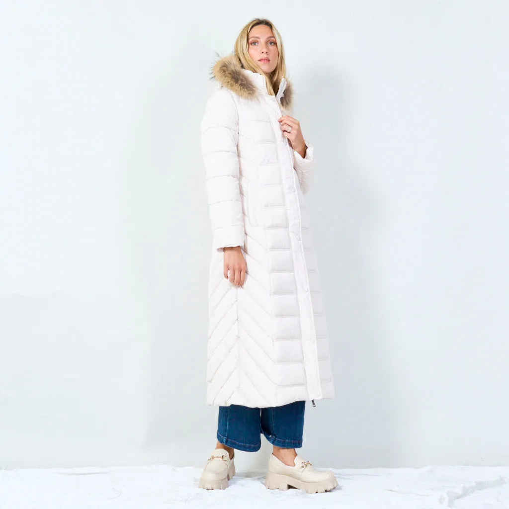 Long hooded puffer coat with fur trim wholesale