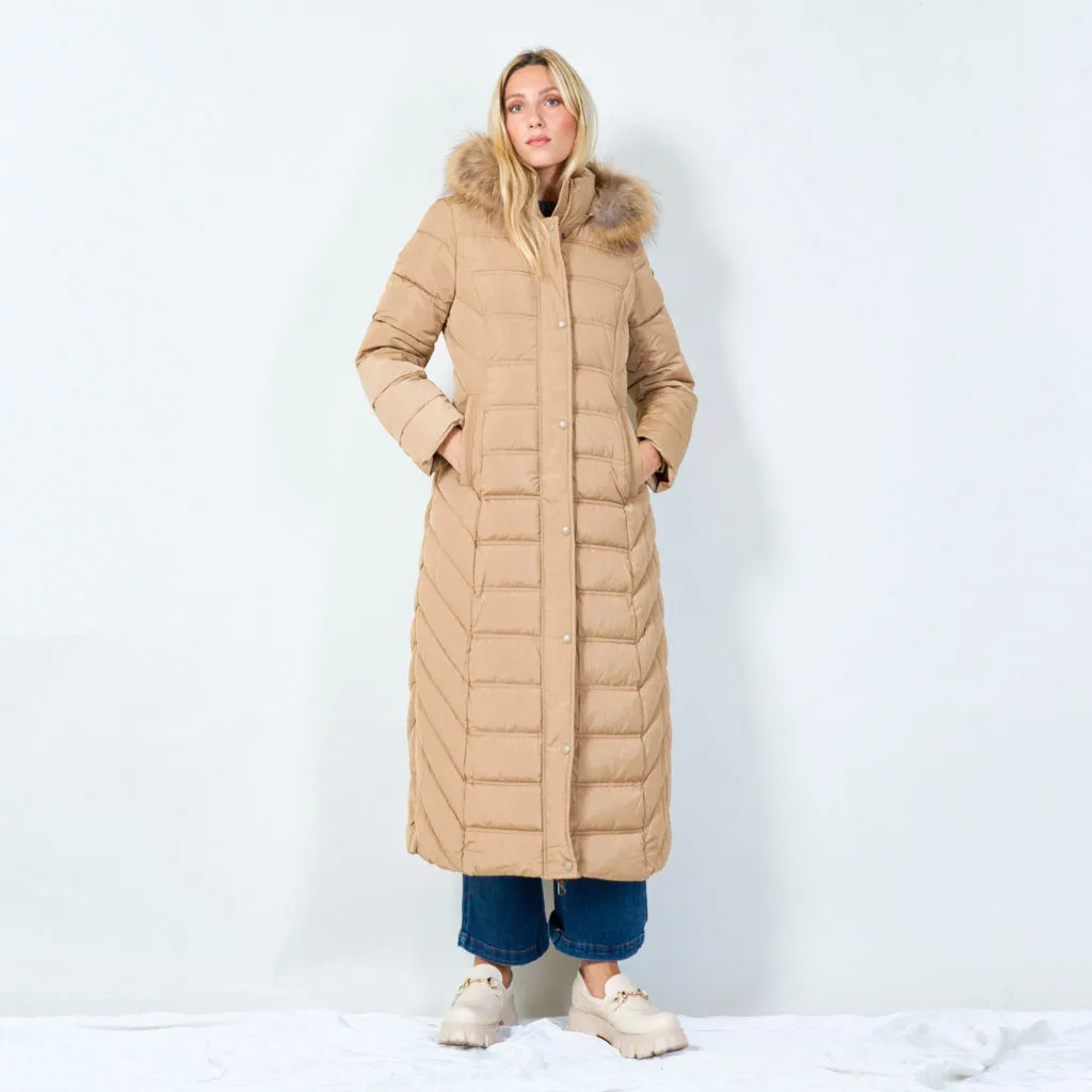 Long hooded puffer coat with fur trim wholesale