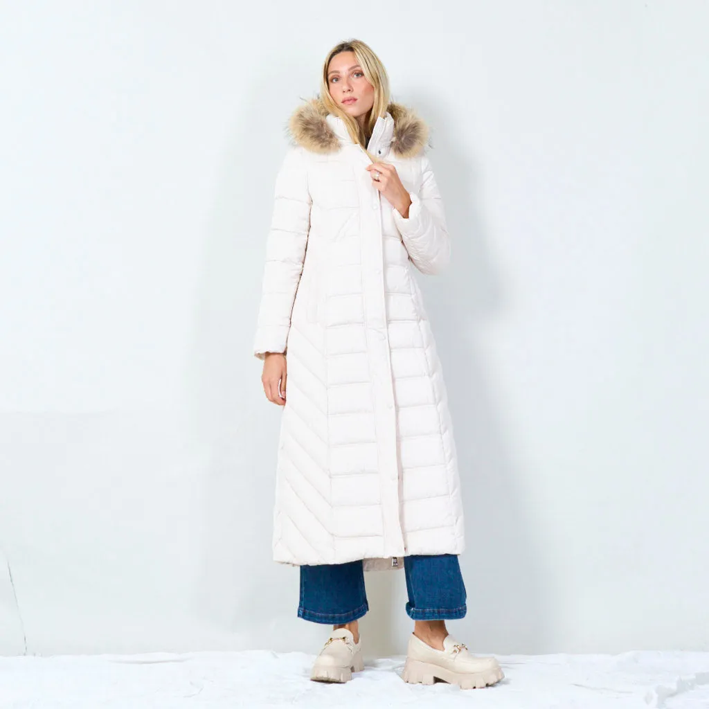 Long hooded puffer coat with fur trim wholesale