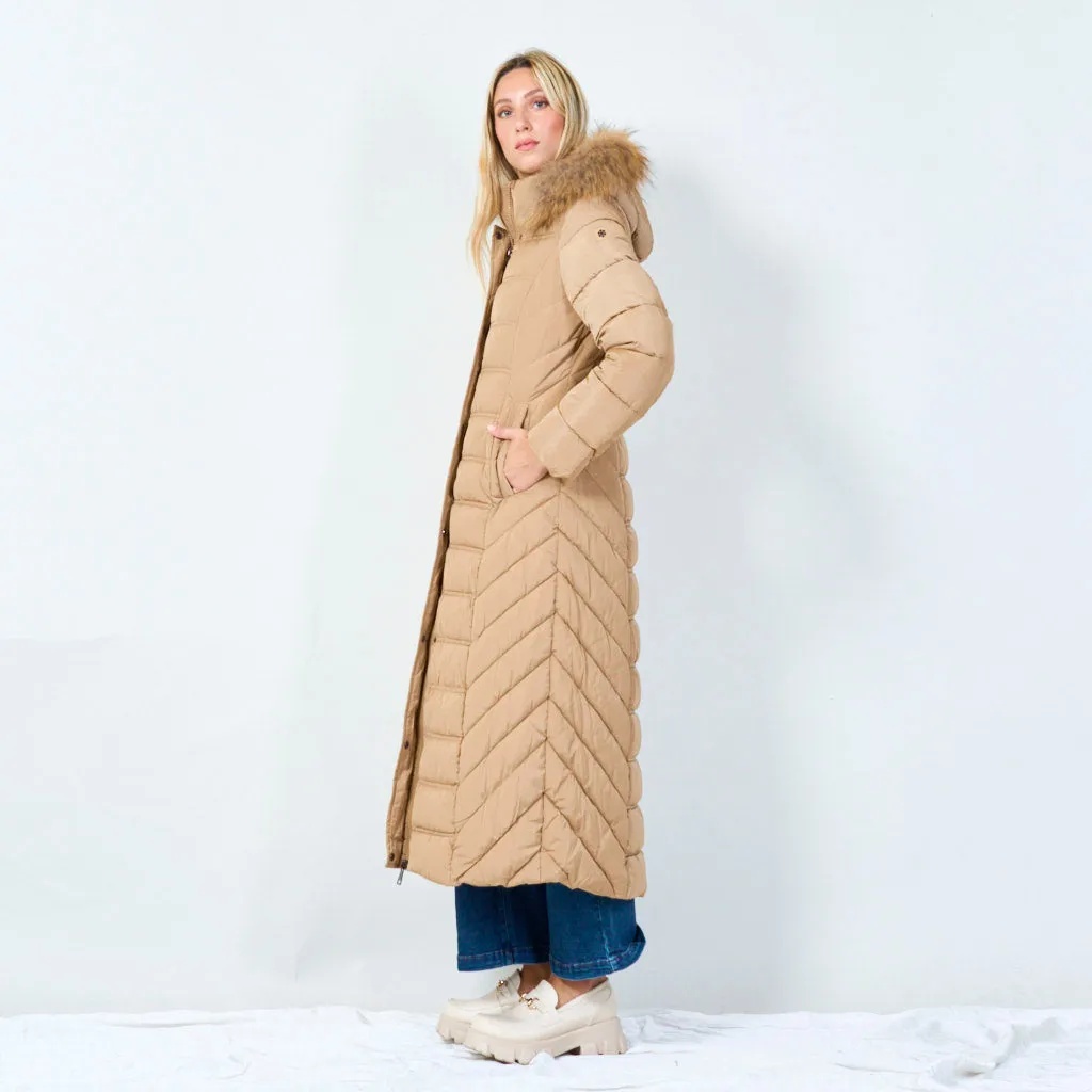 Long hooded puffer coat with fur trim wholesale
