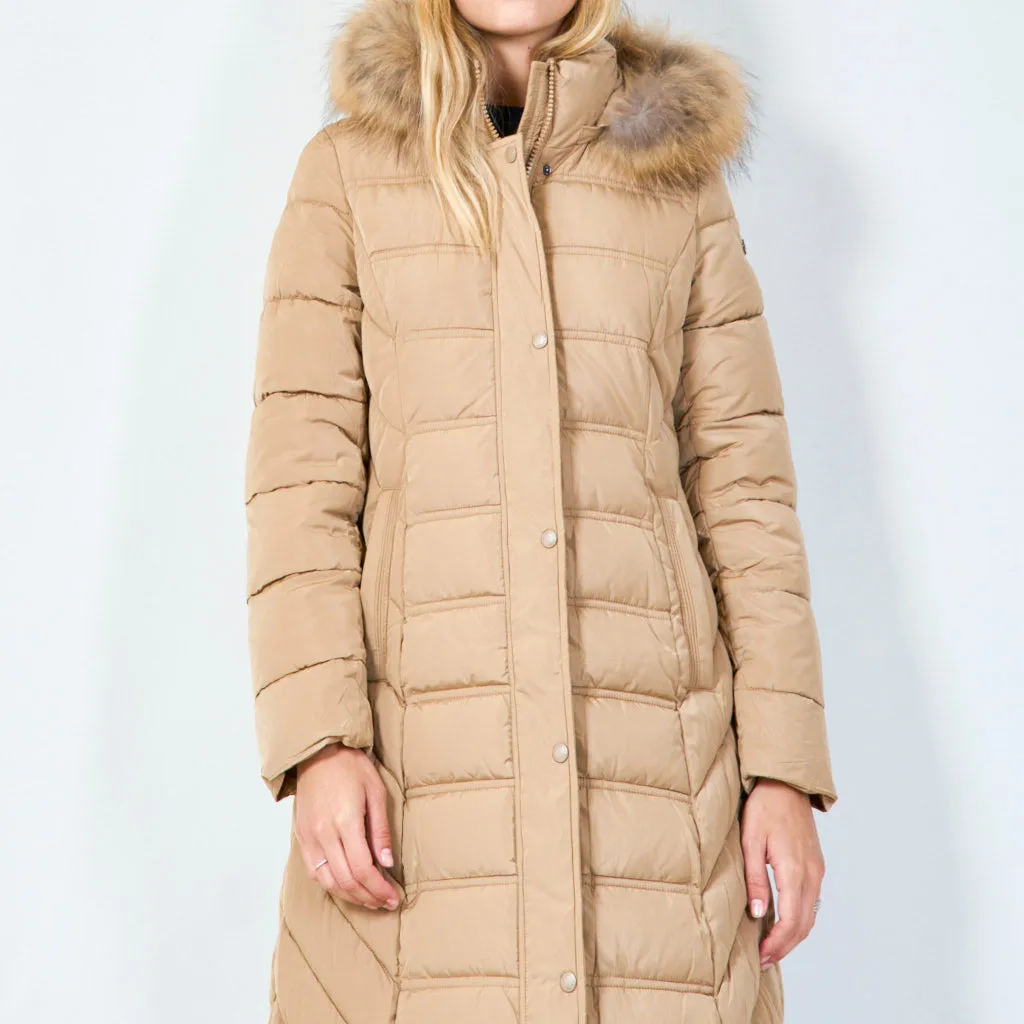 Long hooded puffer coat with fur trim wholesale