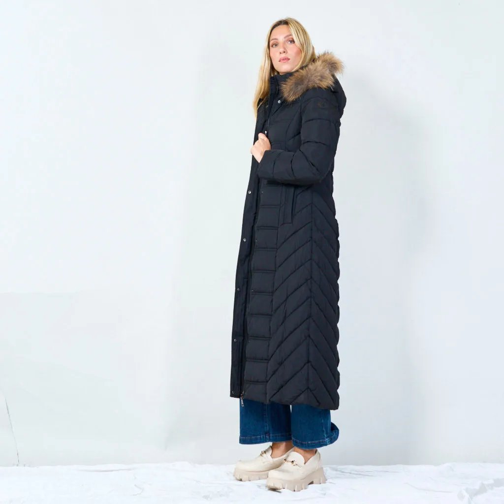 Long hooded puffer coat with fur trim wholesale