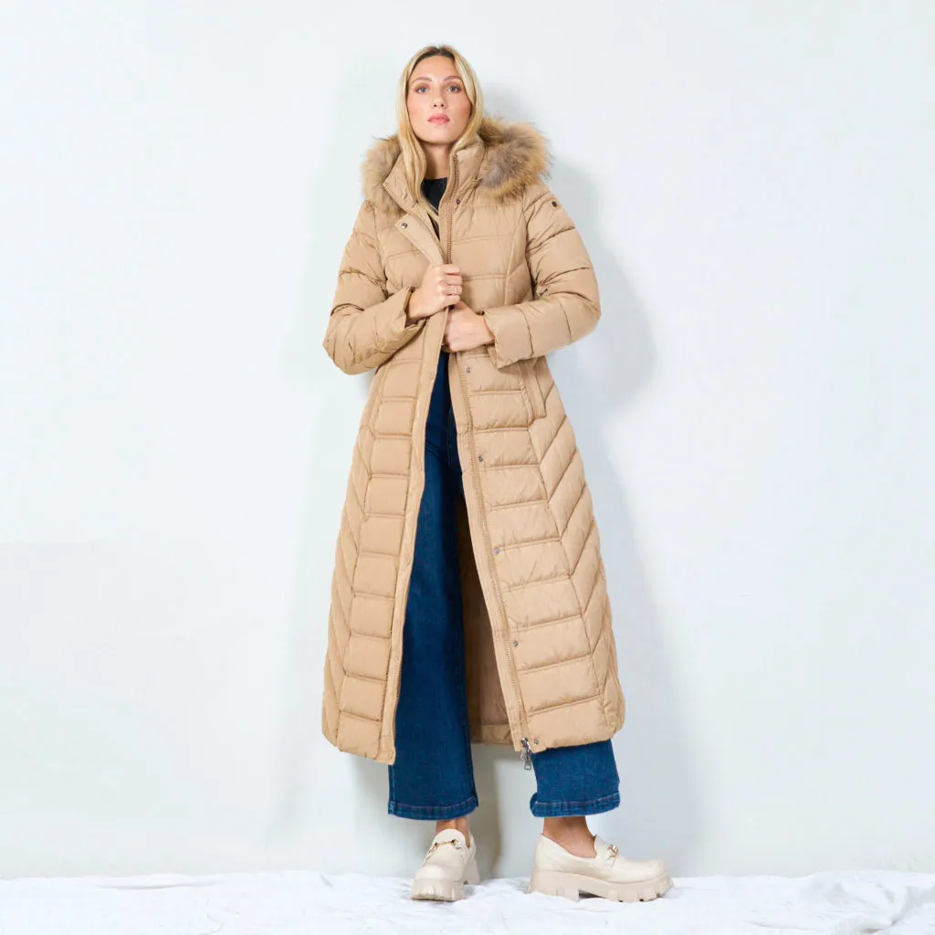 Long hooded puffer coat with fur trim wholesale