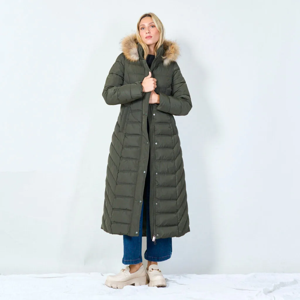 Long hooded puffer coat with fur trim wholesale
