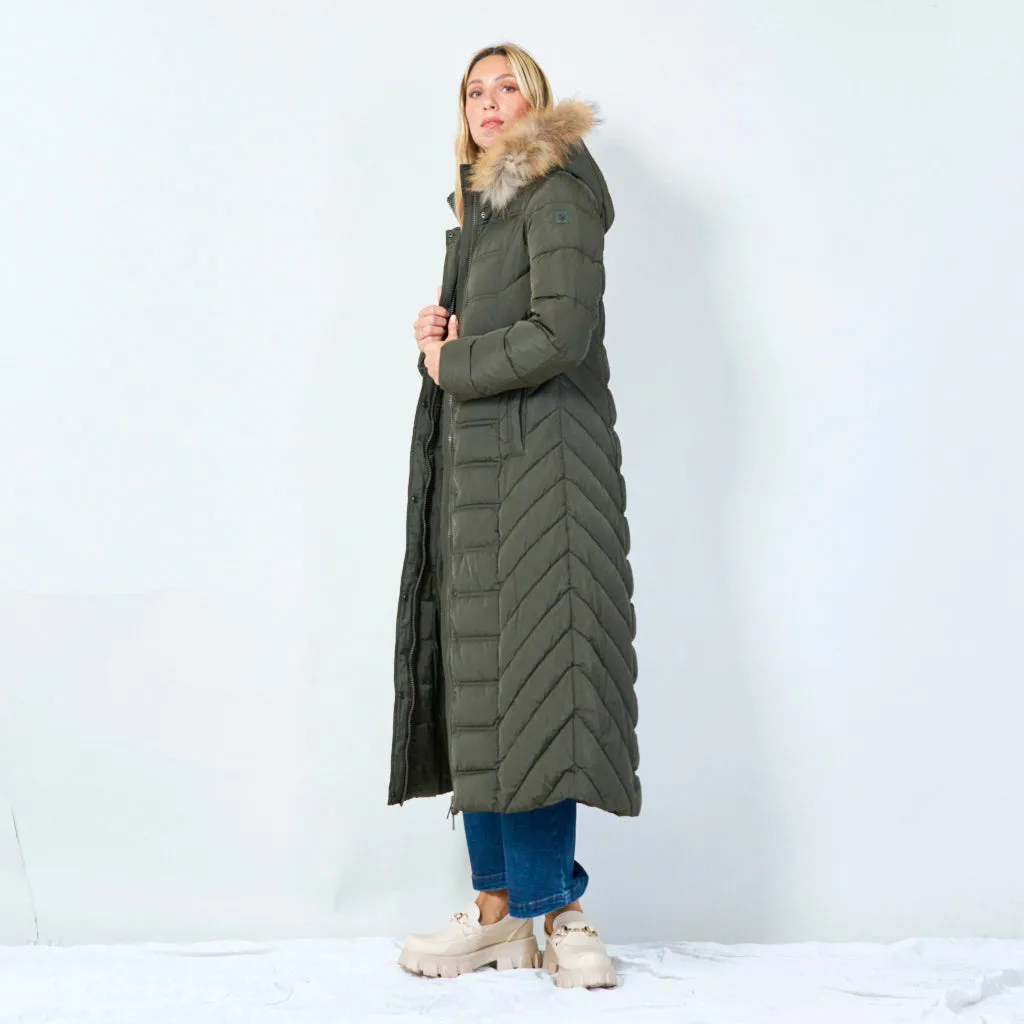 Long hooded puffer coat with fur trim wholesale