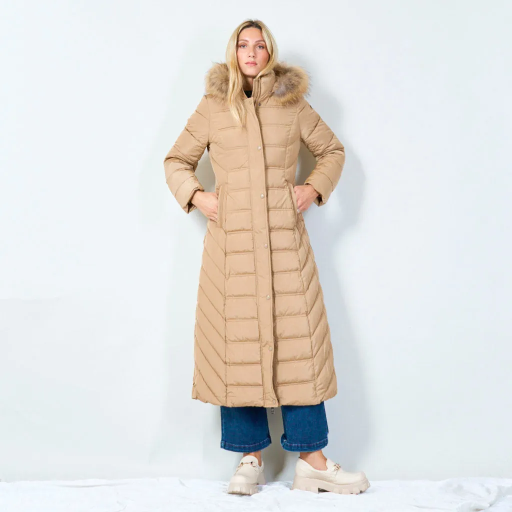 Long hooded puffer coat with fur trim wholesale