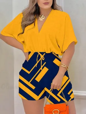 LUNE V-Neck Drawstring Backless Color Block Floral Print Romper
