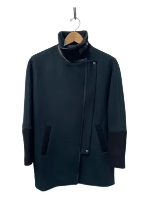 Madewell Size 8 Dark Green Wool Blend Leather trim Zip Front Front Pockets Coat