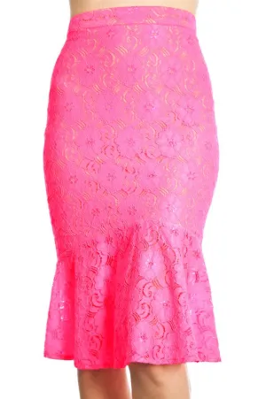 Margo Seriously Pink Floral Lace Pencil Skirt with a Ruffled Hem