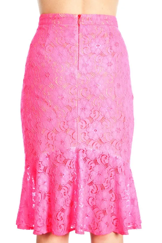 Margo Seriously Pink Floral Lace Pencil Skirt with a Ruffled Hem