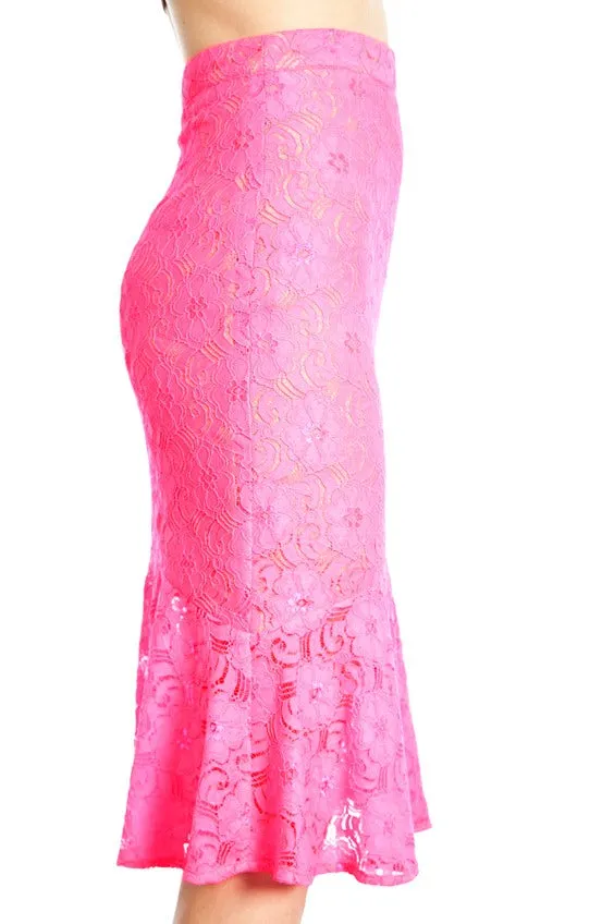 Margo Seriously Pink Floral Lace Pencil Skirt with a Ruffled Hem