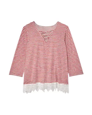 Marissa 3/4 Sleeve Cut Out Top with Lace Hem | Red / White