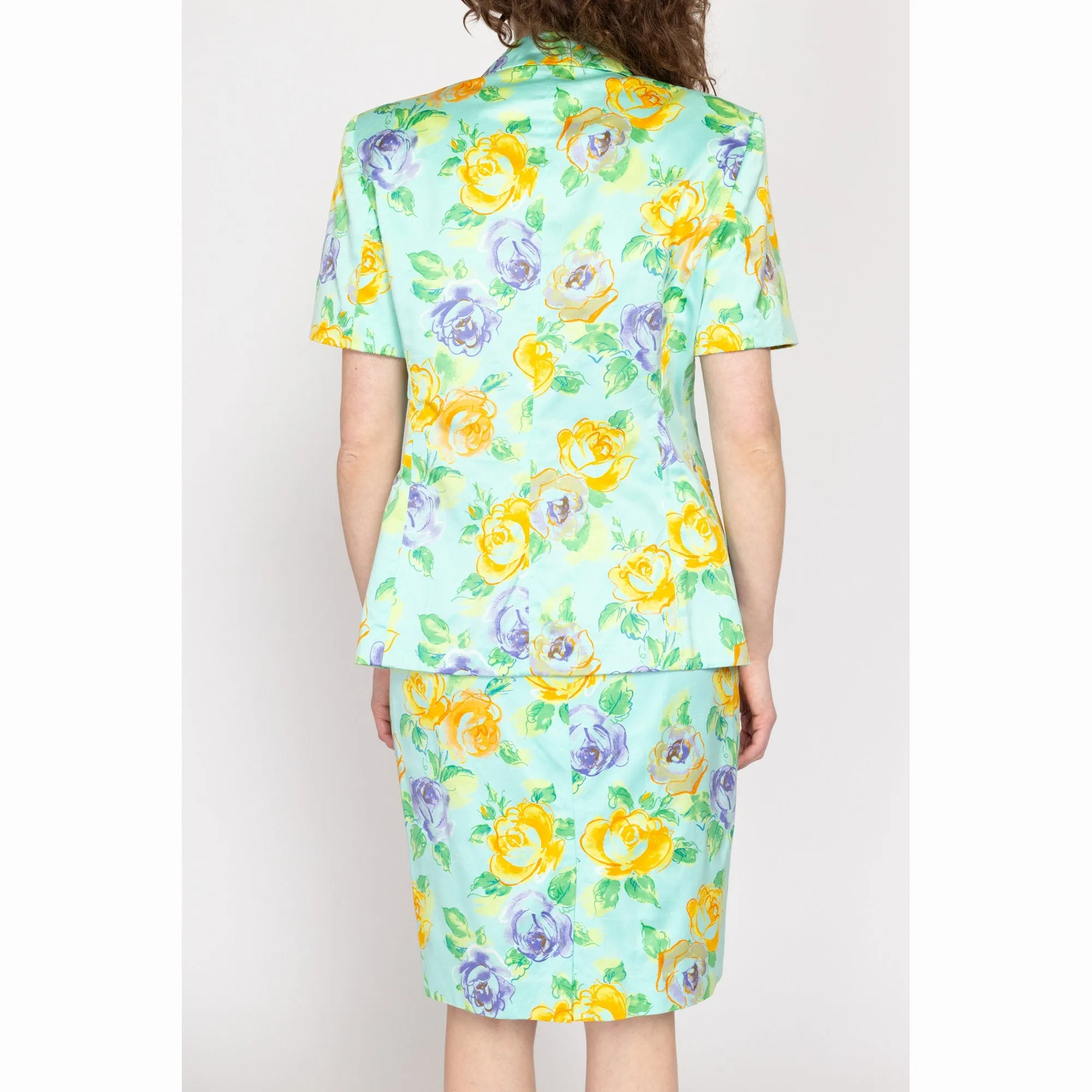 Medium 80s Escada Aqua Blue Floral Skirt Suit Set