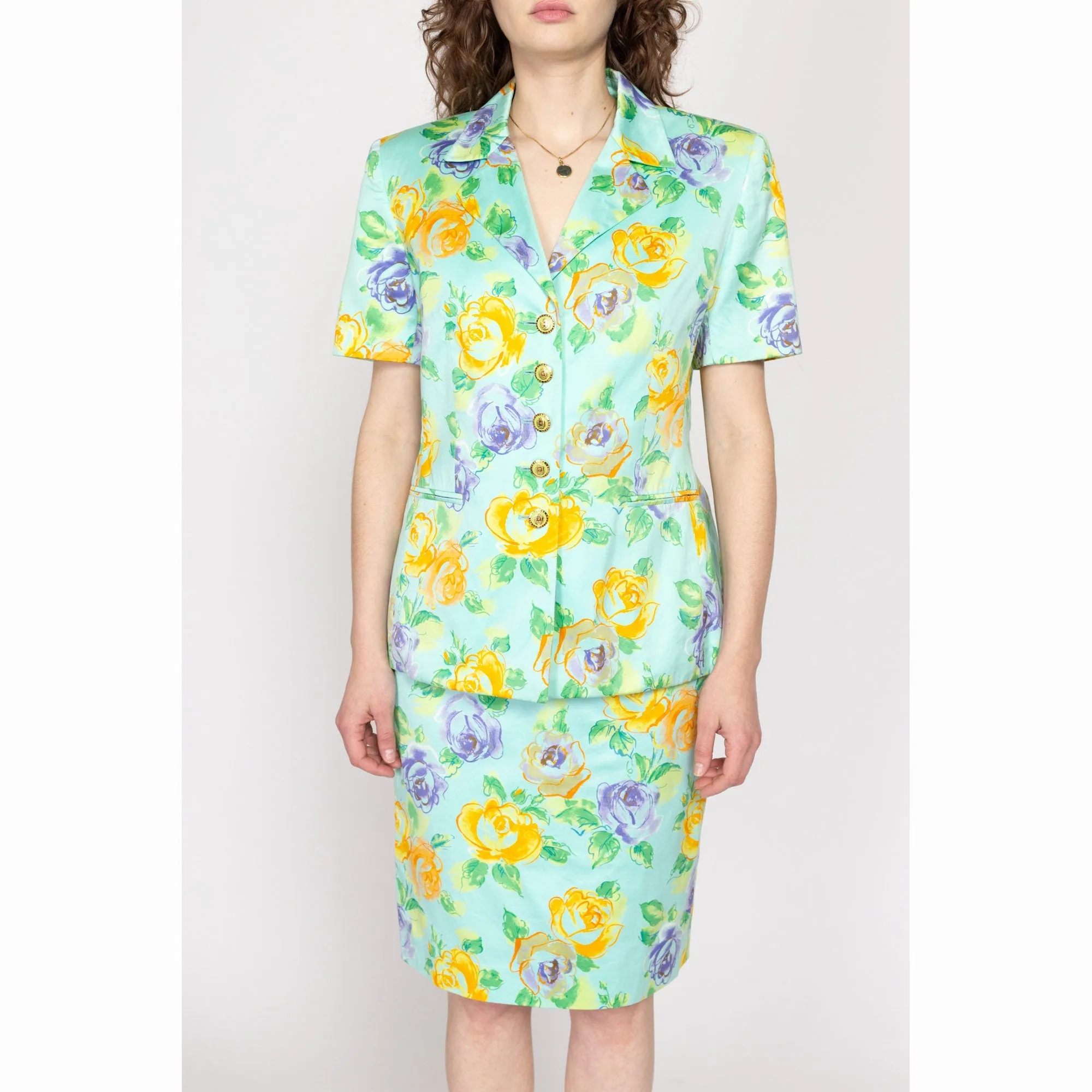 Medium 80s Escada Aqua Blue Floral Skirt Suit Set