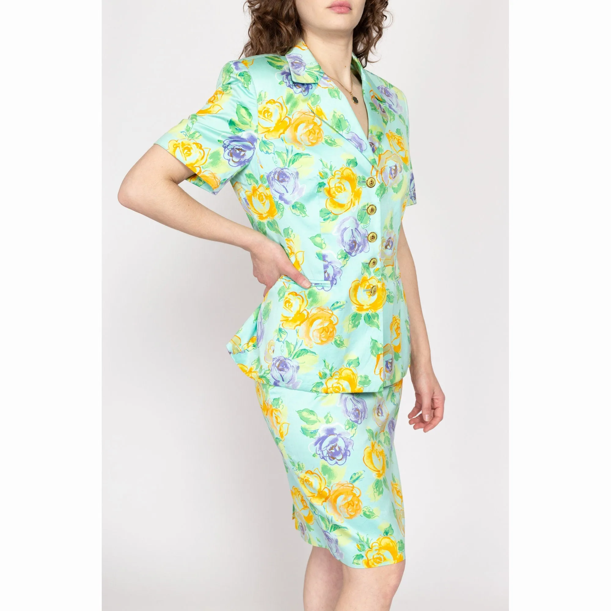 Medium 80s Escada Aqua Blue Floral Skirt Suit Set