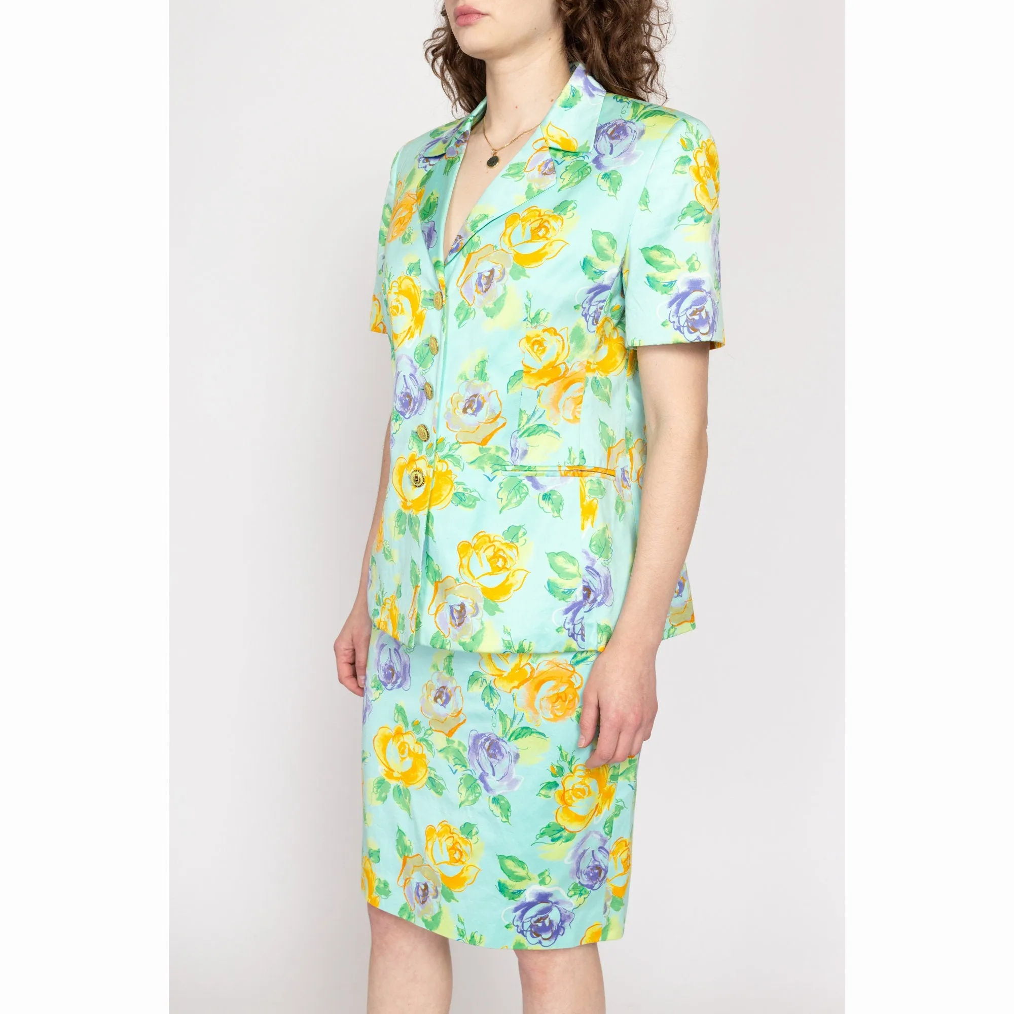 Medium 80s Escada Aqua Blue Floral Skirt Suit Set