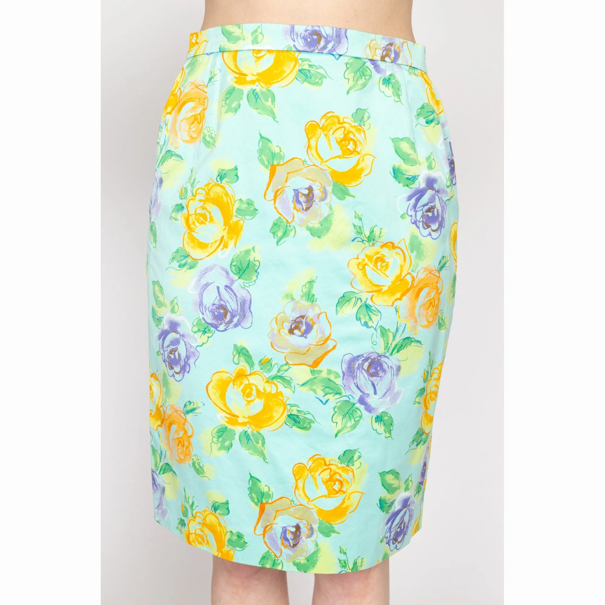 Medium 80s Escada Aqua Blue Floral Skirt Suit Set