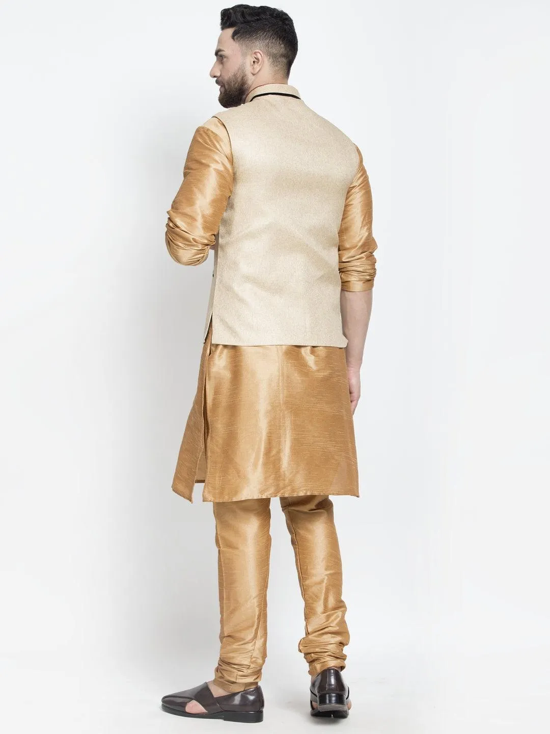 Men's Silk Blend Copper Kurta With Pyjama & Beige Nehru Jacket - Benstoke