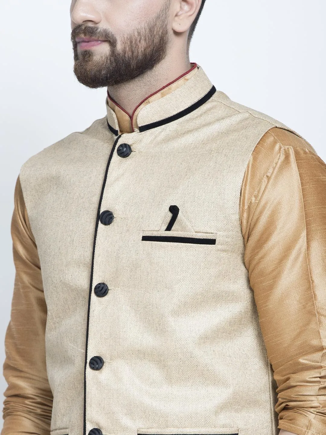 Men's Silk Blend Copper Kurta With Pyjama & Beige Nehru Jacket - Benstoke