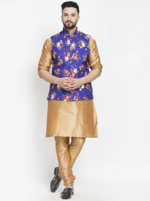Men's Silk Blend Copper Kurta With Pyjama & Royal Blue Printed Nehru Jacket - Benstoke