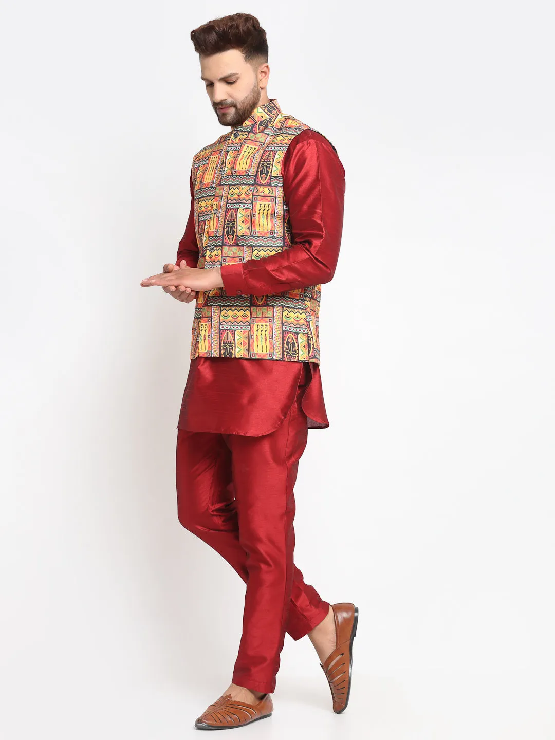 Men's Silk Blend Maroon Kurta With Pyjama & Yellow Printed Nehru Jacket - Benstoke